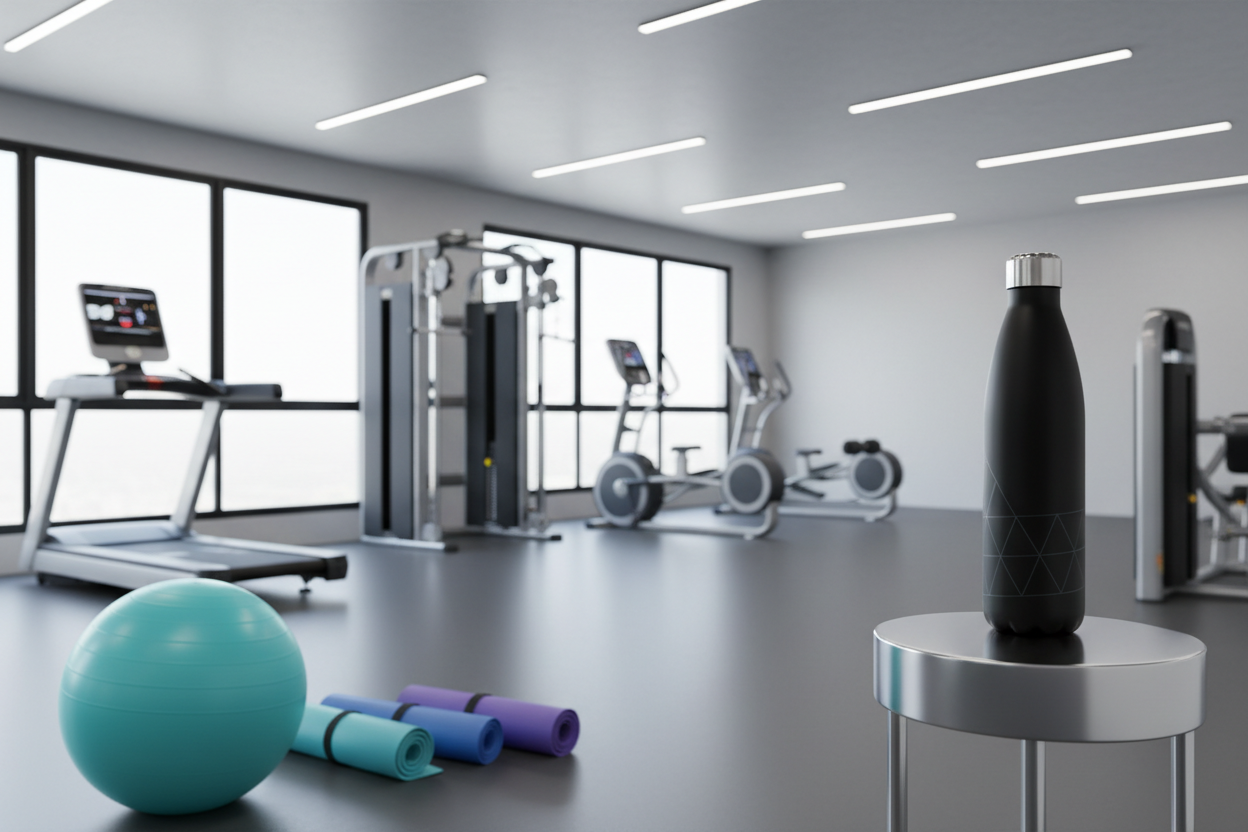 Bouteille magnétique noire un peu au fond de l’image à droite sur un piédestal au fond, je veux que on soit dans une salle de sport avec un ballon de yoga, des tapis, de course et des machines