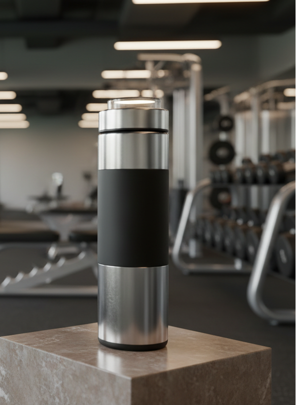 Une gourde magnétique tt au fond à droite sur un piédestal avec un fond de salle de sport avec machine tapis ballon etc.. 